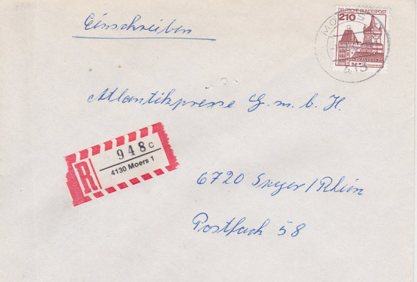 BUND 998 Einschreibebrief <Burgen und Schlösser> mit Tagesstempel Moers 1 vom 01-12-1980