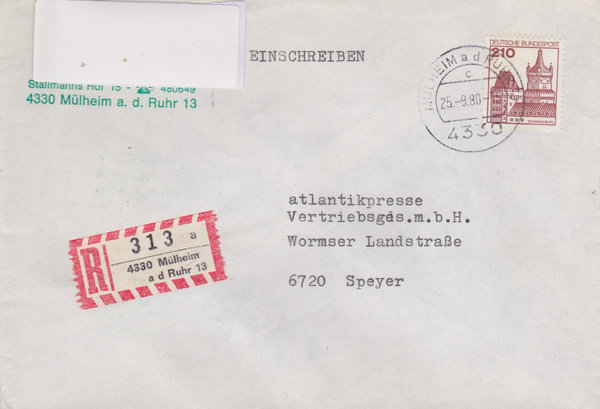 BUND 998 Einschreibebrief <Burgen und Schlösser> mit Tagesstempel Mülheim a d Ruhr vom 25-09-1980