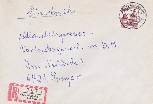 BUND 998 Einschreibebrief <Burgen und Schlösser> mit Tagesstempel Mülheim a d Ruhr vom 07-09-1980