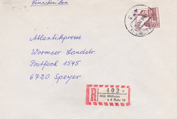 BUND 998 Einschreibebrief <Burgen und Schlösser> mit Tagesstempel Mülheim a d Ruhr vom 09-01-1981