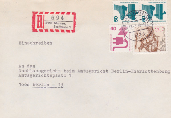 BUND 699, 700, 962 Einschreibebrief <Unfallverhütung ua> Tagesstempel Murnau, Staffelsee 12-03-1978