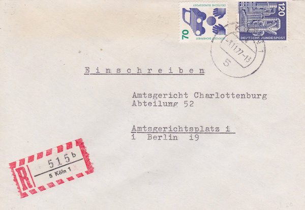BUND 773, 855 Einschreibebrief <Unfallverhütung ua> mit Tagesstempel Köln 1 vom 03-11-1977
