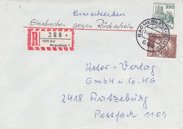 BUND 854, 999 Einschreibebrief <Industrie + Technik ua> mit Tagesstempel Bad Mergentheim 14-01-1980