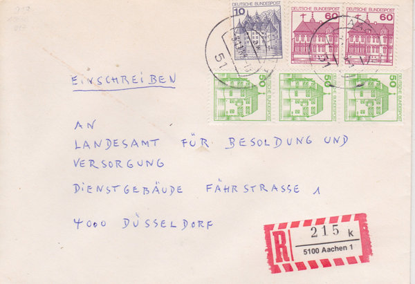 BUND 913A, 1028A, 1038A Einschreibebrief <Burgen und Schlösser> Tagesstempel Aachen  03-11-1983