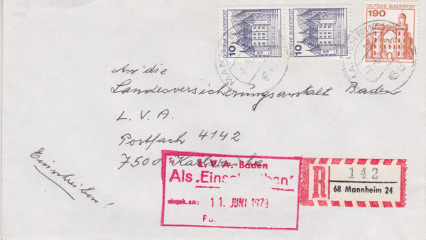 BUND 913A (2x), 919 Einschreibebrief <Burgen und Schlösser> Tagesstempel Mannheim vom 07-06-1979