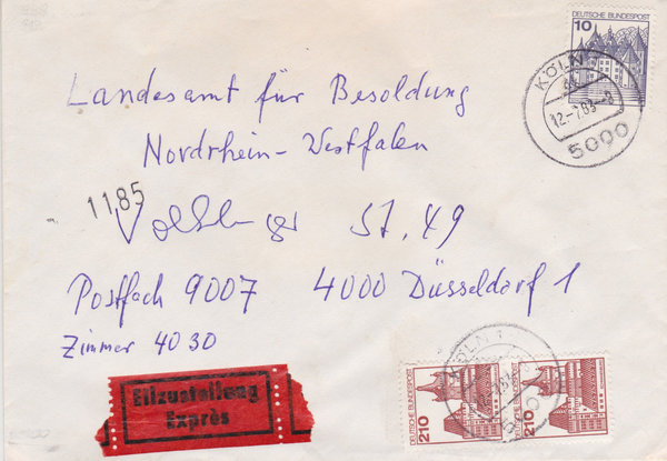 BUND 913A, 998 (2x) Expressbrief <Burgen und Schlösser> mit Tagesstempel Köln 1 vom 12-07-1983