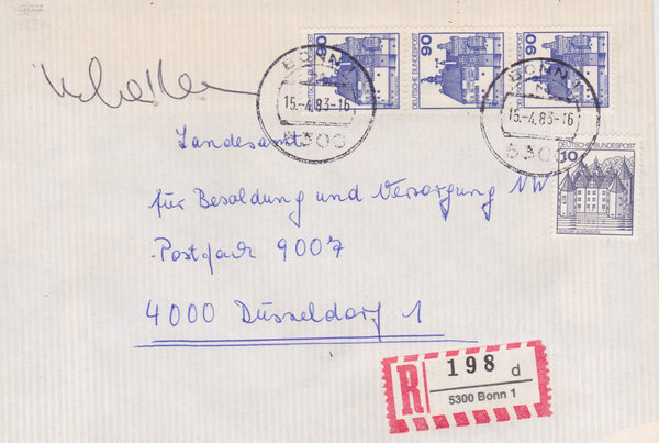 BUND 913A, 997 (3x) Einschreibebrief <Burgen und Schlösser> mit Tagesstempel Bonn 1 vom 15-04-1983