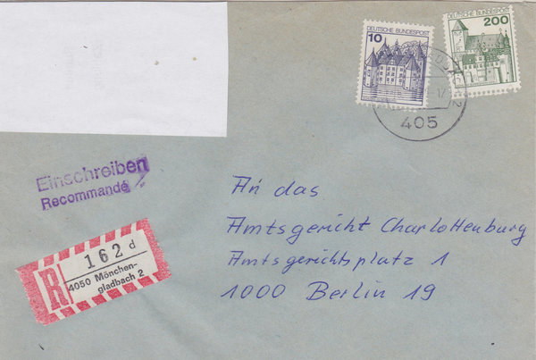 BUND 913A, 920 Einschreibebrief <Burgen und Schlösser> Tagesstempel Mönchen-Gladbach 06-01-1979