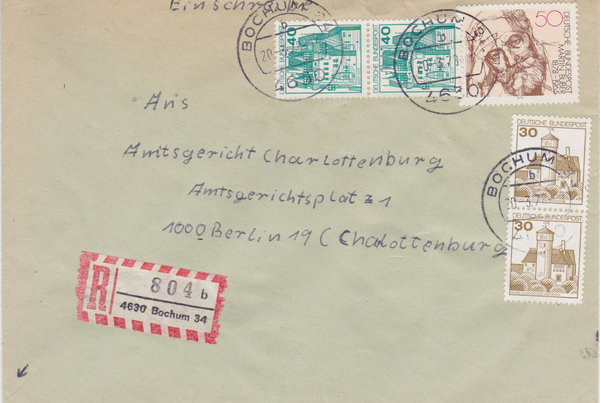 BUND 914, 915 , 962 Einschreibebrief <Burgen und Schlösser ua> Tagesstempel Bochum vom 20-03-1978
