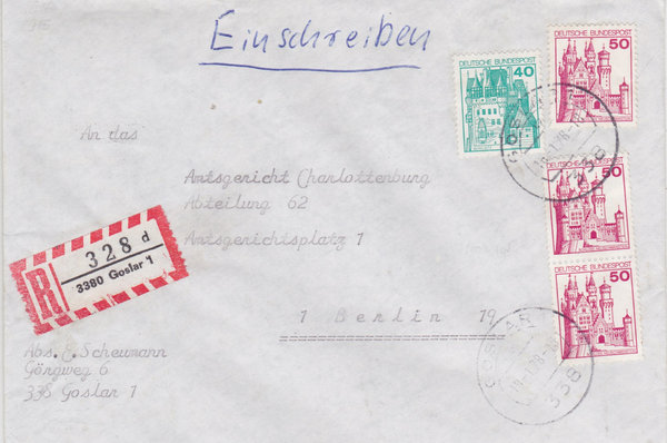 BUND 915, 916 (3x) Einschreibebrief <Burgen und Schlösser> mit Tagesstempel Goslar 1 vom 18-01-1978