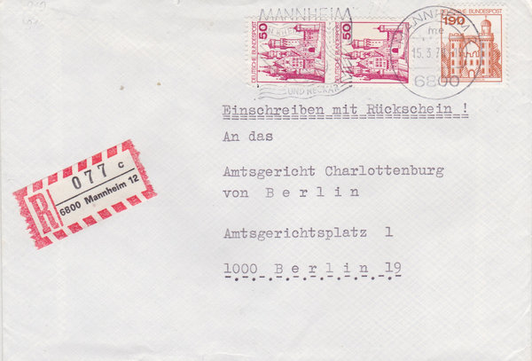 BUND 916A, 919 Einschreibebrief/Rücksch.  <Burgen und Schlösser> Werbestempel Mannheim 15-03-1978