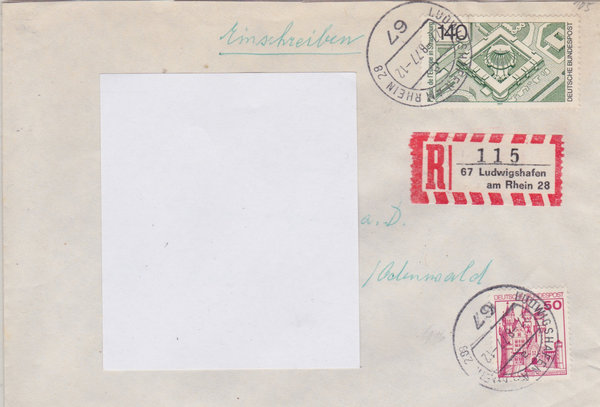 BUND 916A, 921 Einschreibebrief <Burgen und Schlösser ua> mit Tagesstempel Ludwigshafen 27-08-1977