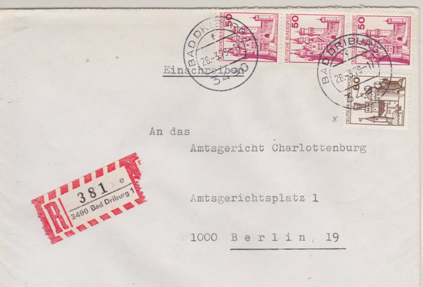 BUND 916A (3x), 917 Einschreibebrief <Burgen und Schlösser> Tagesstempel Bad Driburg vom 28-03-1979