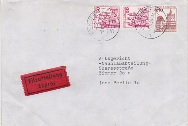 BUND 916A (2x), 998 Expressbrief <Burgen und Schlösser> Tagesstempel Leverkusen 22 vom 06-11-1979