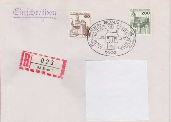 BUND 917, 920 Ersttags-Einschreibebrief <Burgen und Schlösser> Tagesstempel Bonn 1 vom 13-01-1977