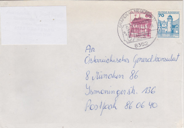 BUND 918, 1028A Standardbrief <Burgen und Schlösser> mit Tagesstempel Grafenau vom 24-12-1982