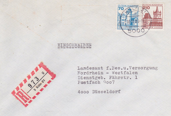 BUND 918, 998 Einschreibebrief <Burgen und Schlösser> mit Tagesstempel Köln 21 vom 10-11-1983