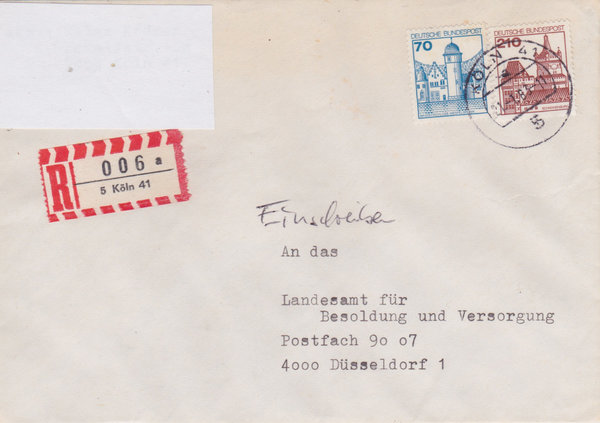 BUND 918, 998 Einschreibebrief <Burgen und Schlösser> mit Tagesstempel Köln 41 vom 21-01-1983