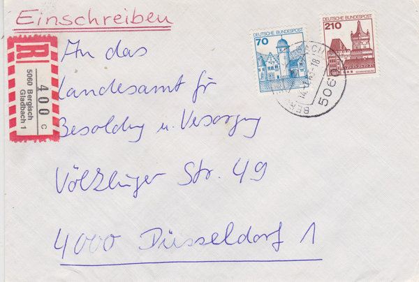BUND 918, 998 Einschreibebrief <Burgen und Schlösser> mit Tagesstempel Bergisch Gladbach 14-01-1983