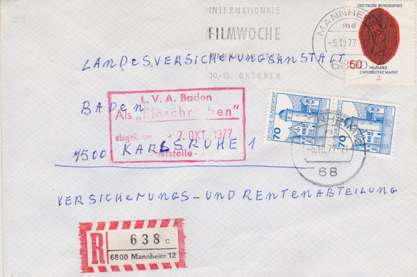 BUND 918 (2x), 938 Einschreibebrief <Burgen und Schlösser ua> Tagesstempel Mannheim vom 05-10-1977