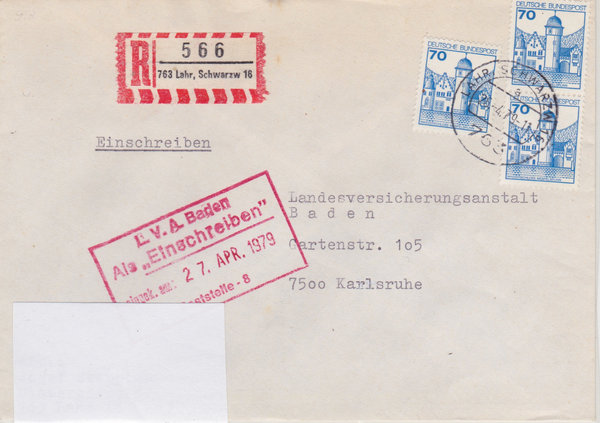 BUND 918 (3x) Einschreibebrief <Burgen und Schlösser> mit Tagesstempel Lahr, Schwarzw. 26-04-1979
