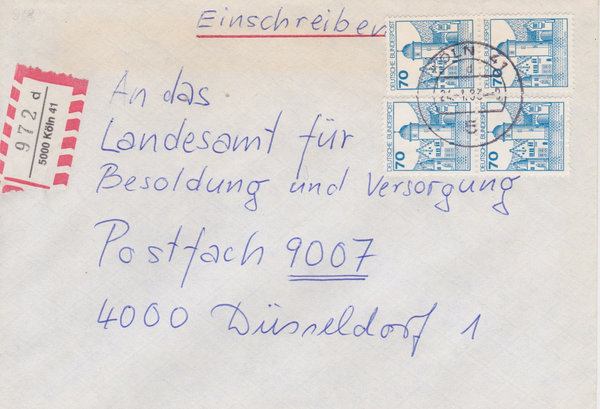 BUND 918 (4x) Einschreibebrief <Burgen und Schlösser> mit Tagesstempel Köln 41 vom 24-01-1983