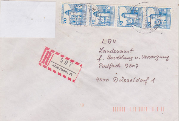 BUND 918 (4x) Einschreibebrief <Burgen und Schlösser> mit Tagesstempel Hamm 22 vom 08-11-1983