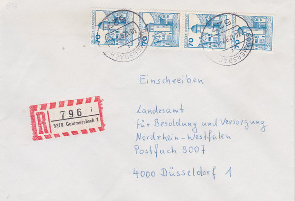 BUND 918 (4x) Einschreibebrief <Burgen und Schlösser> mit Tagesstempel Gummersbach vom 30-12-1982