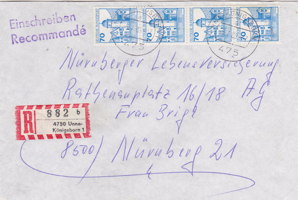 BUND 918 (4x) Einschreibebrief <Burgen und Schlösser> Tagesstempel Unna-Königsborn vom 05-07-1983