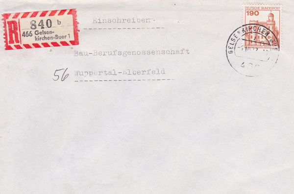BUND 919 Einschreibebrief <Burgen und Schlösser> mit Tagesstempel Gelsenkirchen-Buer 06-10-1977