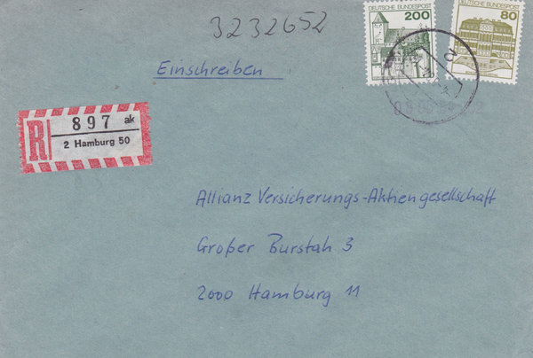 BUND 920, 1140 Einschreibebrief <Burgen und Schlösser> mit Tagesstempel Hamburg 50 vom 04-08-1984