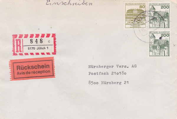 BUND 920 (2x), 1140 Einschreibebrief/Rückschein <Burgen und Schlösser> Stempel Jülich vom15-06-1983