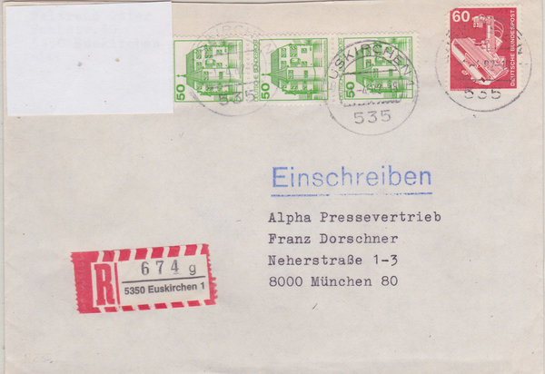 BUND 990, 1038 (3x) Einschreibebrief <Industrie + Technik ua> Tagesstempel Euskirchen vom 01-04-1982