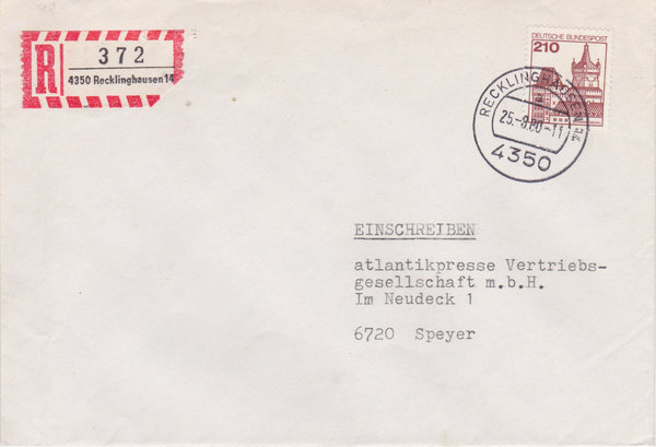 BUND 998 Einschreibebrief <Burgen und Schlösser> mit Tagesstempel Recklinghausen 14 vom 25-08-1980