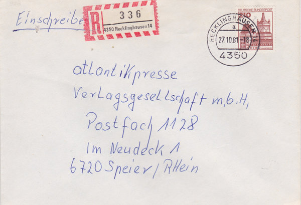 BUND 998 Einschreibebrief <Burgen und Schlösser> mit Tagesstempel Recklinghausen 14 vom 27-10-1981