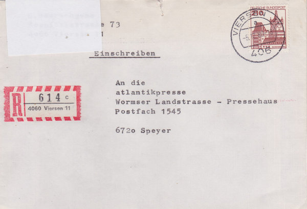 BUND 998 Einschreibebrief <Burgen und Schlösser> mit Tagesstempel Viersen 11 vom 05-12-1980