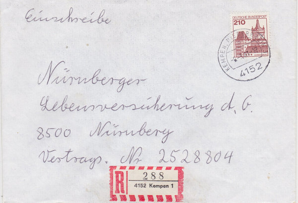 BUND 998 Einschreibebrief <Burgen und Schlösser> mit Tagesstempel Kempen 1 vom 06-03-1981