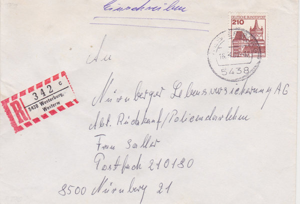 BUND 998 Einschreibebrief <Burgen und Schlösser> mit Tagesstempel Westerburg vom 16-01-1982