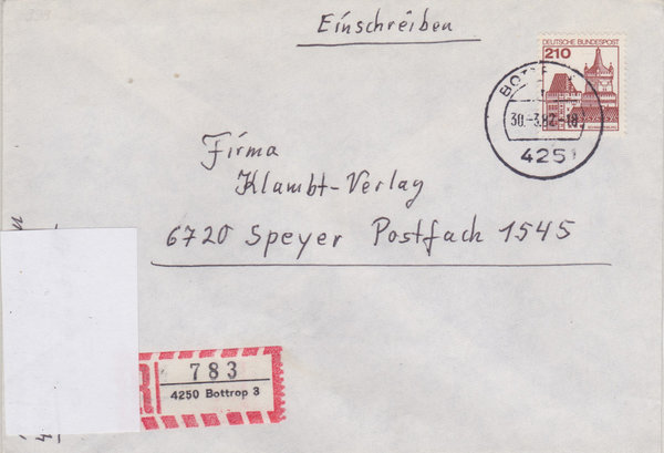 BUND 998 Einschreibebrief <Burgen und Schlösser> mit Tagesstempel Bottrop 3 vom 30-03-1982