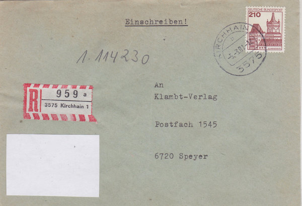 BUND 998 Einschreibebrief <Burgen und Schlösser> mit Tagesstempel Kirchhain 1 vom 05-03-1981