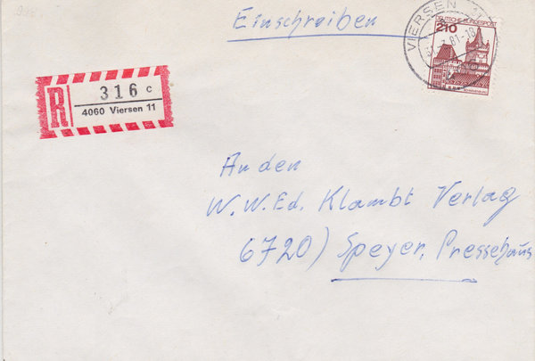 BUND 998 Einschreibebrief <Burgen und Schlösser> mit Tagesstempel Viersen 11 vom 31-03-1981