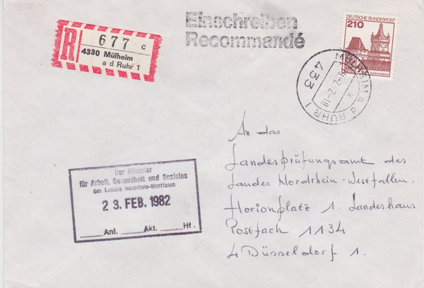BUND 998 Einschreibebrief <Burgen und Schlösser> mit Tagesstempel Mühlheim a d Ruhr vom 19-02-1981