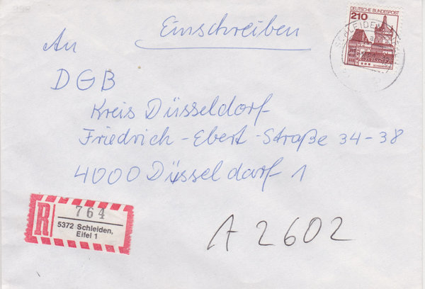 BUND 998 Einschreibebrief <Burgen und Schlösser> mit Tagesstempel Schleiden, Eifel 1vom 19-02-1981