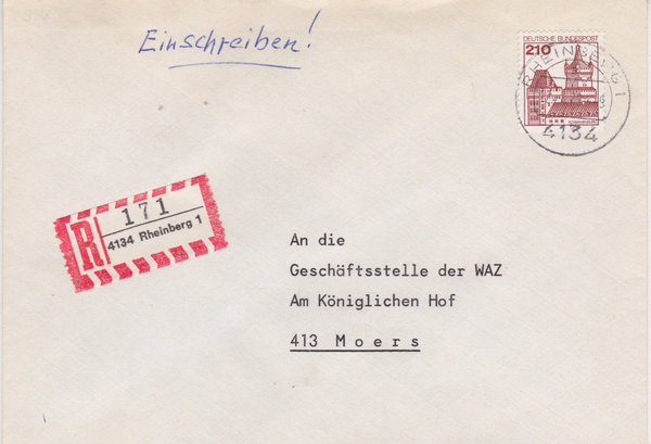 BUND 998 Einschreibebrief <Burgen und Schlösser> mit Tagesstempel Rheinberg 1 vom 12-03-1982