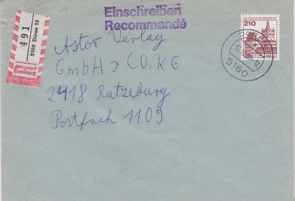 BUND 998 Einschreibebrief <Burgen und Schlösser> mit Tagesstempel Düren 13 vom 17-10-1980