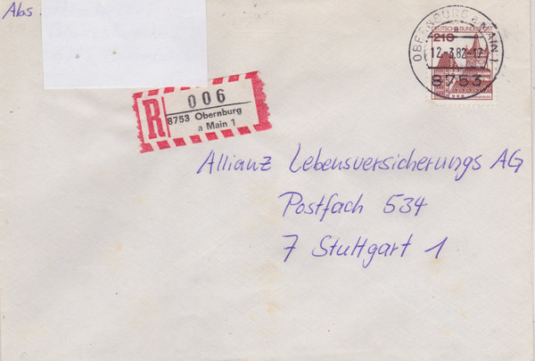 BUND 998 Einschreibebrief <Burgen und Schlösser> mit Tagesstempel Obernburg 1 vom 12-03-1982