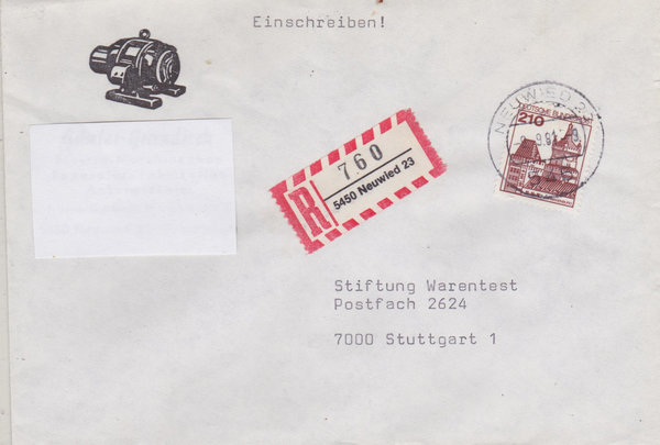 BUND 998 Einschreibebrief <Burgen und Schlösser> mit Tagesstempel Neuwied 23 vom 08-09-1981