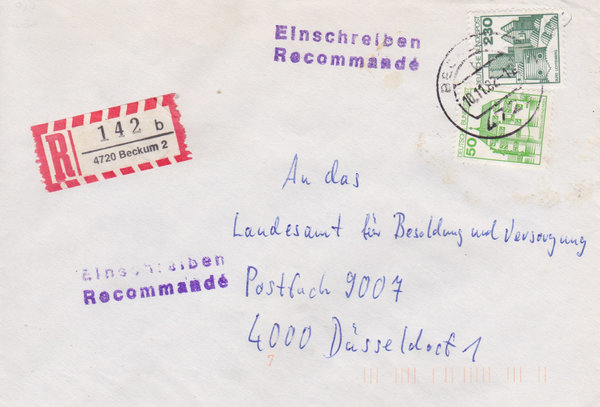 BUND 999, 1038 Einschreibebrief <Burgen und Schlösser> mit Tagesstempel Bochum 2 vom 10-11-1982