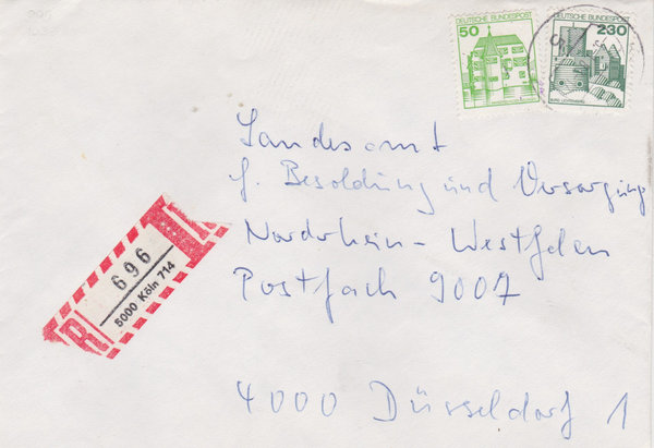 BUND 999, 1038 Einschreibebrief <Burgen und Schlösser> mit Tagesstempel Köln 714 vom 03-01-1983