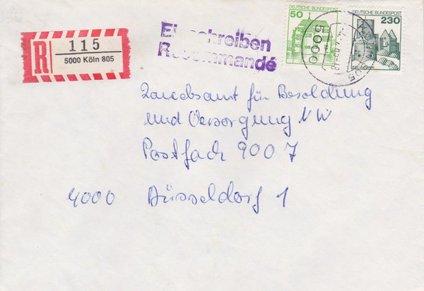 BUND 999, 1038 Einschreibebrief <Burgen und Schlösser> mit Tagesstempel Köln 805 vom 04-07-1985